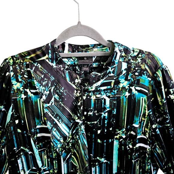 Worthington Women's L Tall Long Sleeve Abstract Button Up Black Blue Disco Top - Picture 2 of 7